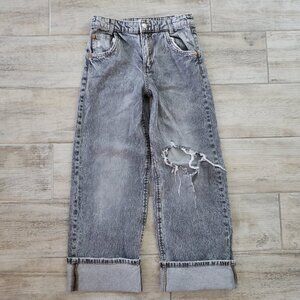 Zara Wide Leg Jeans Girl's Destroyed Knee Faded Grey High Rise Grunge Yr 13 - 14